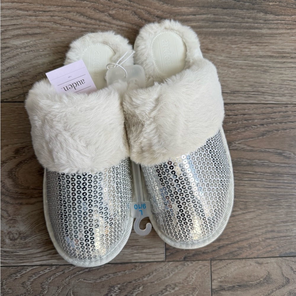 Auden Shimmering Silver Slippers with Plush White Trim